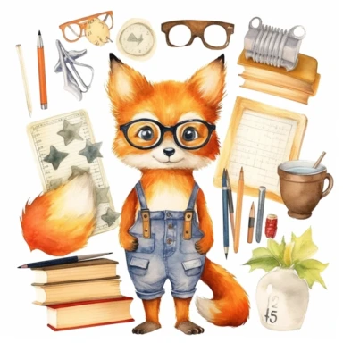 Back to School watercolor clipart, kawaii cute student animals, Fox teacher, animals graphics, School stationery png, School Supplies Clip art , natural color , white background
