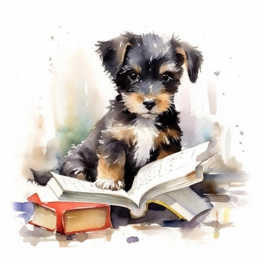 A cute puppy reading a book, watercolor painting by Thomas W. Schaller, clipart, white background