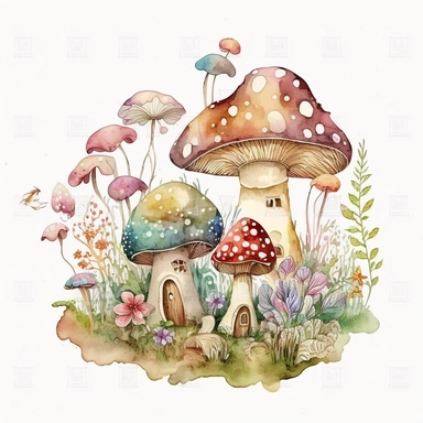 fairy tale, mushrooms and toadstools patch, Watercolour, Mystical Mushrooms, clipart, white background no text