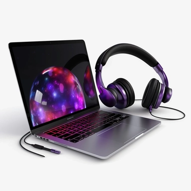 3d model of macbook with headphones, black+red+silver+purple, clipart, white background