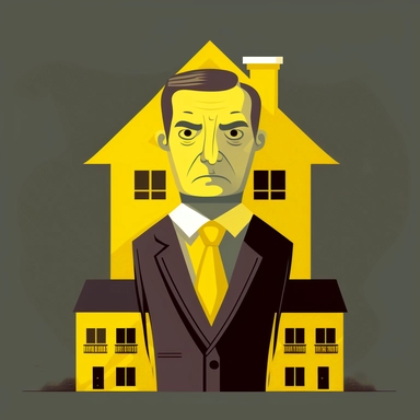 Create a clipart illustration featuring a untrustworthy looking business man with cash money and houses behind him the art is in a minimalistic style but still distinguishable, only 3 colors are used in it a bright yellow with hexcode FFFF00, black, and dark grey