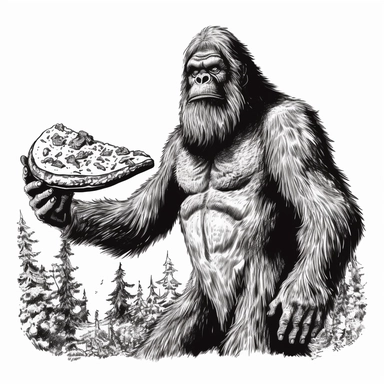 realstic sasquatch carrying a massive slice of pizza in one hand, perfect hands, black ink only, one color clipart, can see the whole body