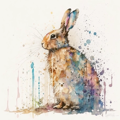 Create a lively watercolor depiction of a rabbit, radiating an aura of curiosity and innocence. The image should echo the rabbit's gentle yet playful nature, making it a captivating piece of clipart. The medium should remain watercolor, taking cues from the dynamic art of Dean Crouser. The style should be vibrant and fluid, letting the colors tell the tale. The lighting should be low-key yet balanced, so that the colors and the fluid brushwork remain at the forefront. The color palette should fe