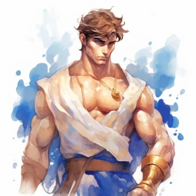 Watercolor Disney Hercules, man, Greek demigod, powerful and heroic pose, with his bulging muscles, brown hair is styled in a short, blue eyes, white tunic with golden trimmings, blue cape, brown belt around his waist, clipart, white background, by Kawacy