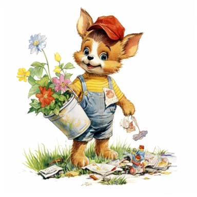 baby dog picking up trash in the garden, white background, clipart by Richard Scarry