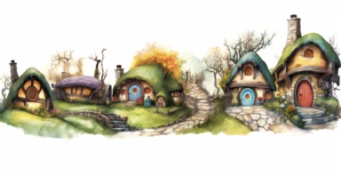Adorable hobbit houses, clipart, vivid colours, ornamental watercolor, white background, I can’t believe how beautiful this is