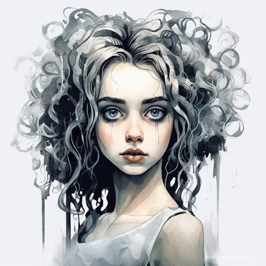 Beautiful pretty young woman tim Burton films style, paint art style, detail, clipart, white background, superrealistic, one of a kind