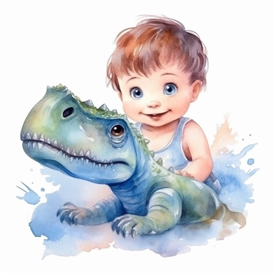 Cute baby boy and dinosaur watercolor Clipart, clear edges, white background, artistic watercolor, very detailed, watercolor, white background, isolated elements