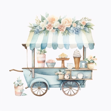 Watercolor wedding icecream blue stand, wedding clipart, simple, soft colors, cartoon elements, watercolor boho style, white transparent