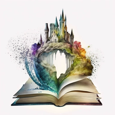 Clipart, Mythical Watercolor Castle Emerging from an Open Book, no background, hd