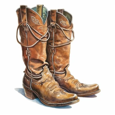 old Western cowboy boots, watercolor, clipart, white background
