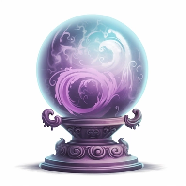 Create an enchanting clipart of a mystical crystal ball against a pristine white background. The crystal ball should have a soft, ethereal glow, held within an intricately carved pedestal. Depict swirling mists and vivid visions within the crystal ball's translucent depths.