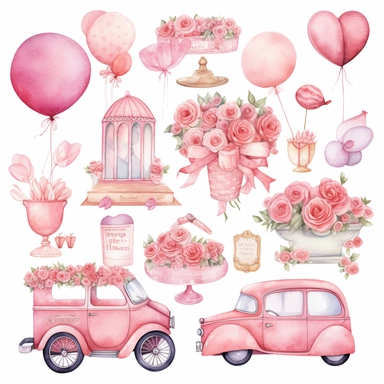 alentine's day watercolor illustrations clipart, in the style of vicente romero redondo, collage-inspired, ornate, pink, cinquecento, strong use of color, scrapbook, watrecolor style, white background