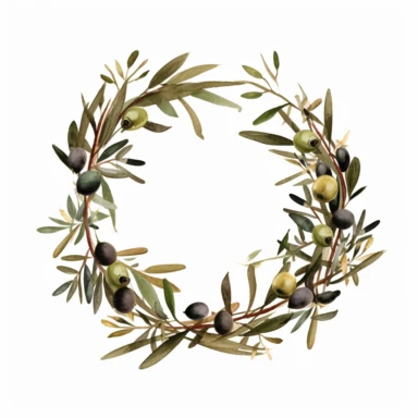 a watercolor olive wreath, earthy tones, naturecore, subtle yet expressive brushwork, lush detailing, raw materials, simple, clipart
