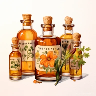 watercolor, hyper realistic, white background, white margins, 16k, ultra detailed clipart, cut out image, hand-drawn Use a warm and rich color scheme inspired by vintage medicine bottles, with shades of deep amber, antique brown, and subtle hints of gold.a small glass bottle with a dropper, labeled as a herbal tincture, with delicate illustrations of plants and flowers.