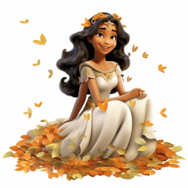 A beautiful jasmine from disney sitting on so many mapple leaves, smiling, halloween, full body image, pixar style, clipart, white background, fall scene