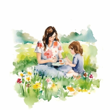 Mom and Me Watercolor, Clipart, High Res, Mother's Day, Mother's Love, waterpaint, fresh colors, happy, white backgroundm, simplified Art NouDe, a meadow, field with wildflowers and a family having a picnic or playing games., front to camera, version 4 style