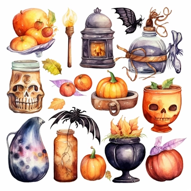Halloween watercolor clipart postcard elements sweets, pumpkin, bones, lollipop, eyeball, witch hat, cauldron, haunted house, skull, coffin, potions, Magic ball