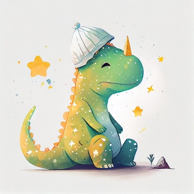 children's book illustration of a cute dinosaur wearing a beenie, stars, moon, smooth watercolor details, in the style of Pixar, superb color, outline, nursery art, popular on pinterest, clipart, trending on artstation, minimalist, flat design, white background, insane deails, intricate details
