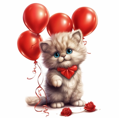 cute Persian kitten with red roses and baloons in his paws clipart