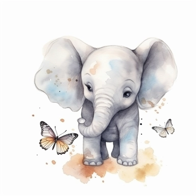 A cute baby elephant interacts with a butterfly, watercolor sketch illustration clipart on white background, digital art, concept, art, 8k, HD, kawaii