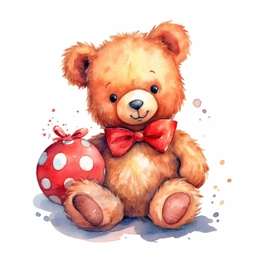 a captivating watercolor clipart image with a white background and white margins, featuring a cute sweet extremely happy stuffed reddy bear toy. The ultra-detailed, hand-drawn elements capture the details. Use vibrant shades of various colors to create a visually appealing image