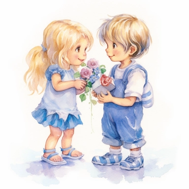 a cute little girl about three years old, with pigtails on her head and blonde hair, wearing a flowing lila dress and socks on her feet, receives a flower as a gift from a cute boy with rosy cheeks about 4 years old, who is in love in her and she is verry happy about it, babyblue, lila, white aquarell, clipart