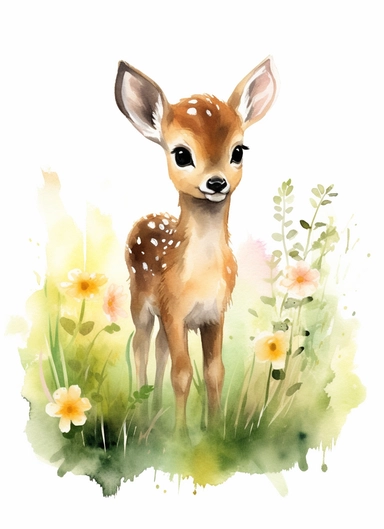 baby deer on a flower field, in the style of 2d game art, nostalgic paintings, 32k uhd, colorful dreamy watercolor scenes, adventure pulp, classical, historical genre scenes, rough-edged 2d animation, watercolor clipart, white background