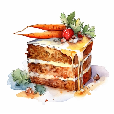 Carrot cake sharp illustration clipart, watercolor art, insane detail, white background