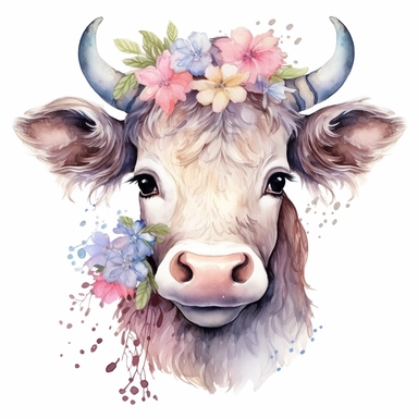 Cute Beautiful Pastel Color Fairy Cow Cattle Flower Watercolor Sublimation Clipart,Cartoon,hyper realistic, intricate detail, illustration style,high solution,on the white background
