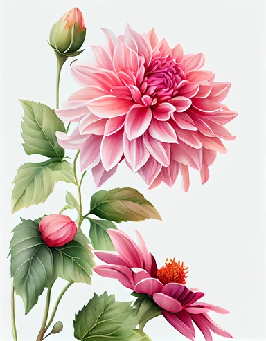 detailed watercolor art of pink dahlia flower corner border , isolated on white background, realistic, clipart