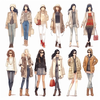 Imagine create a fashion collection, Asian women, trendy, fashionable, clipart, illustration white,cartoon, high resolution, long shot, full long shot, detailed, intricate, white background, 300dpi