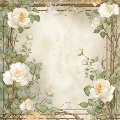 white roses climbing on a trellis, muted grasses at the bottom, clipart, page border style, soft and hazy watercolor, white background, vintage--q2