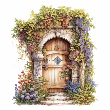 watercolor, hyper realistic, white background, white margins, 16k, ultra detailed clipart, cut out image, hand-drawn a wooden door covered in vibrant flowers, with climbing vines and blossoms surrounding it, creating a magical entrance to a secret garden.