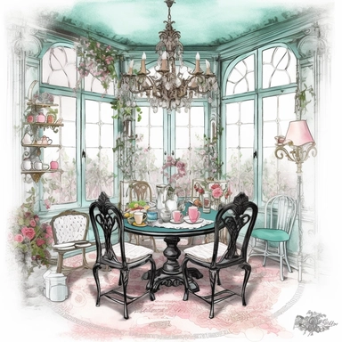 Make a clipart of a shabby chic, fairytale watercolor victorian breakfast nook, bright pastel colors of turquoise, green and pink, rococo, black outlines, hd, white background