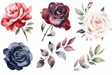 Watercolor clipart collection of matching and coordinating navy, burgundy and white roses, isolated elements on a white background with a wide margin