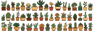 An image in a playful clipart style showcasing a variety of indoor plants in assorted pots. These plants vary in species from towering monstera plants to small, cute succulents, each portrayed with simplistic, yet appealing detail, typical of the clipart style. The pots themselves are an array of colors and designs, adding a dash of vibrancy to the scene. They are scattered across the scene, filling the 3:1 image aspect, each plant adding to the energetic and lively mood of the setting. This ima