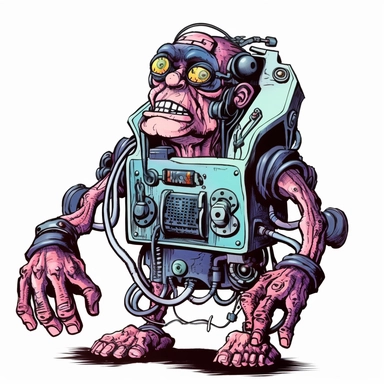 helpful bashful machine troll cyborg, dark electric aura, Basil Wolverton Josh Kirby Dave Gibbons, handpainted enamel punk zine indie retrowave, clipart illustration, solid white background