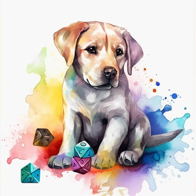 sticker art, hd, on white background, fantasy, dungeons and dragons, watercolor clipart, vibrant rainbow colors, cute Labrador puppy with dice