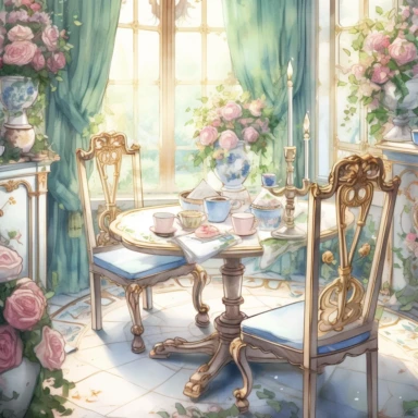 Make a clipart of a fairytale watercolor french country kitchen table, rococo, with bright pastel colors of blues and green, pink roses, gold accents, black outlines, hd, white background