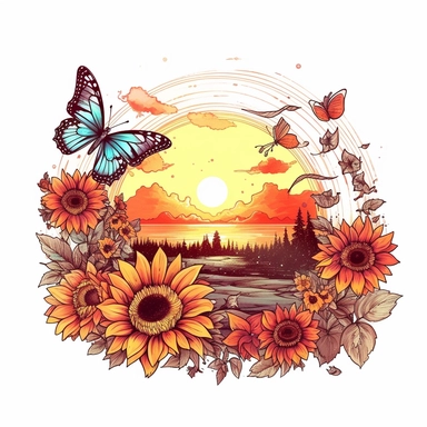 boho colored, rainbow sunset, with sunflowers, and butterflies, classic tattoo motif, clipart on white background, engraved line work, retro, borders