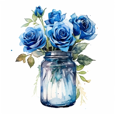 A watercolor painting of blue roses in a jar, in the style of nostalgic illustration, graceful, illustration, transparent layers, elegant, emotive faces Sublimation Clipart,hyper realistic, intricate detail, illustration style,high solution,on the white background