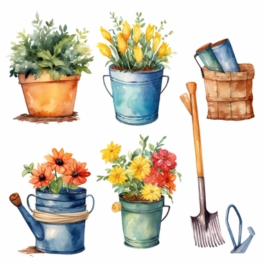 Watercolor illustration of a set of water bucket, watering can, scoop, broom, tree branch, rake, flower pot. Hand-drawn with watercolors and is suitable for all types of design and printing. Clip art