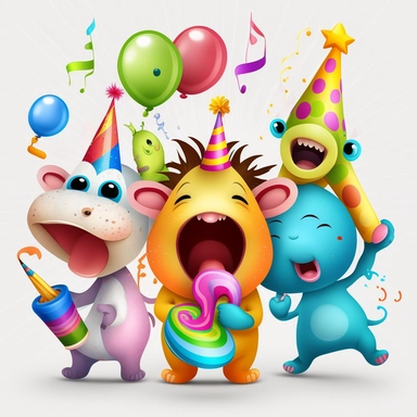 clipart birthday party little animals.,artistic painting style , cute and sweet, they are smiling and happy, they are singing happy birthday, dancing and super excited, 3d with vibrant colors, white background and no text or caption