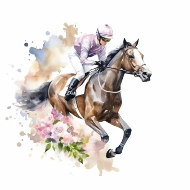 racing horse with jockey, white flowers, watercolor, white background, clipart