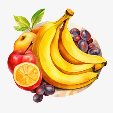 An Banana fruit with a slice cut out, placed on a plate or tray with other fruits or desserts , Watercolor, pastels, clipart, beautiful, colourfull, png transparent white background, high resolution, no caption q4 s2