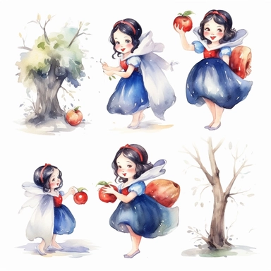 Watercolor snow white , illustrations clipart set, simple , cartoon elements, fairy tale theme and elements, different characters, the witch with the apple, different variants , , separate elements with a margin