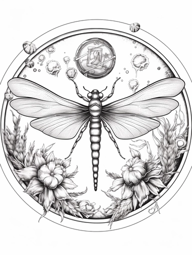Coloring pages, linework, clip art, white background. In a circle, dragonflyplaying in a circle with clous and bubbles.