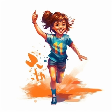 A happy young child, track and field, cool training clothes, numbers, vector style graphic, positive vibe, clipart, single design, white background