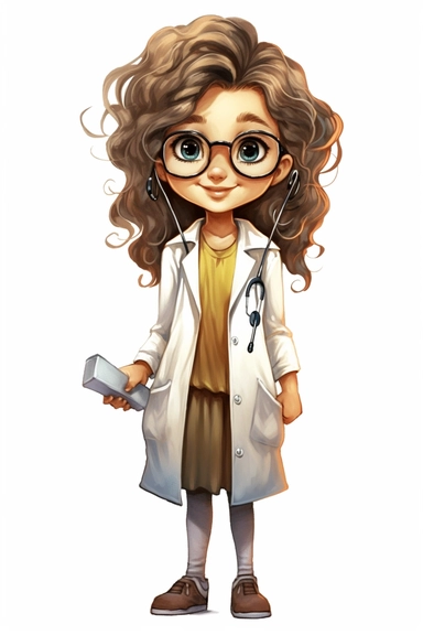 happy cute little girl 5 years old, doctor, folk art, watercolor, clipart elements, smooth gradients, black contour outline, ultra detailed, minimalistic colors, white background, super clear, high quality